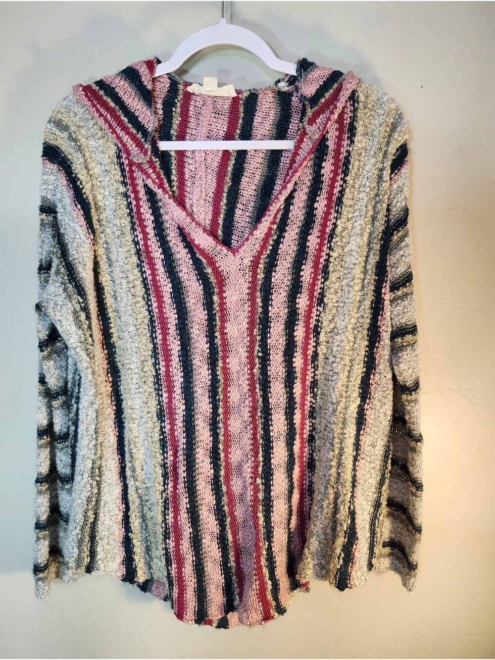 Love Stitch Striped V-Neck Hooded Sweater in Pink, Black & Cream